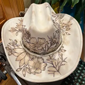Creamy White Cowgirl Hat - Burnt Deep with Floral Design, Soft Faux Suede, One Size Fits All, Distressed for Worn Fashionable Look
