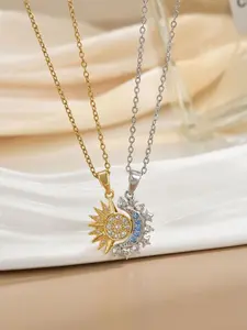 2 Pcs Stainless Steel Necklace Set, Boy Sun Girl Moon Design, Magnetic Clasp, Elegant Gift for Valentine & Christmas