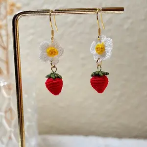 Microcrochet Strawberry with Flower Earrings - Red Crocheted Fruit & White flower Design