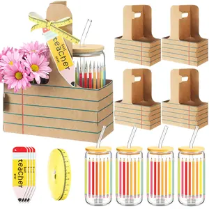 4 Set Back to School Teacher Cup Holder with Cup Gifts 2 Cup Drink Carrier with Glass Can Cup Card Ribbon Bulk Teacher Cup Gifts for Bouquets Snacks for Teacher Coworker Staff for First School Day Welcome Back Lunch Coffee Bar Ideas Appreciation Presents