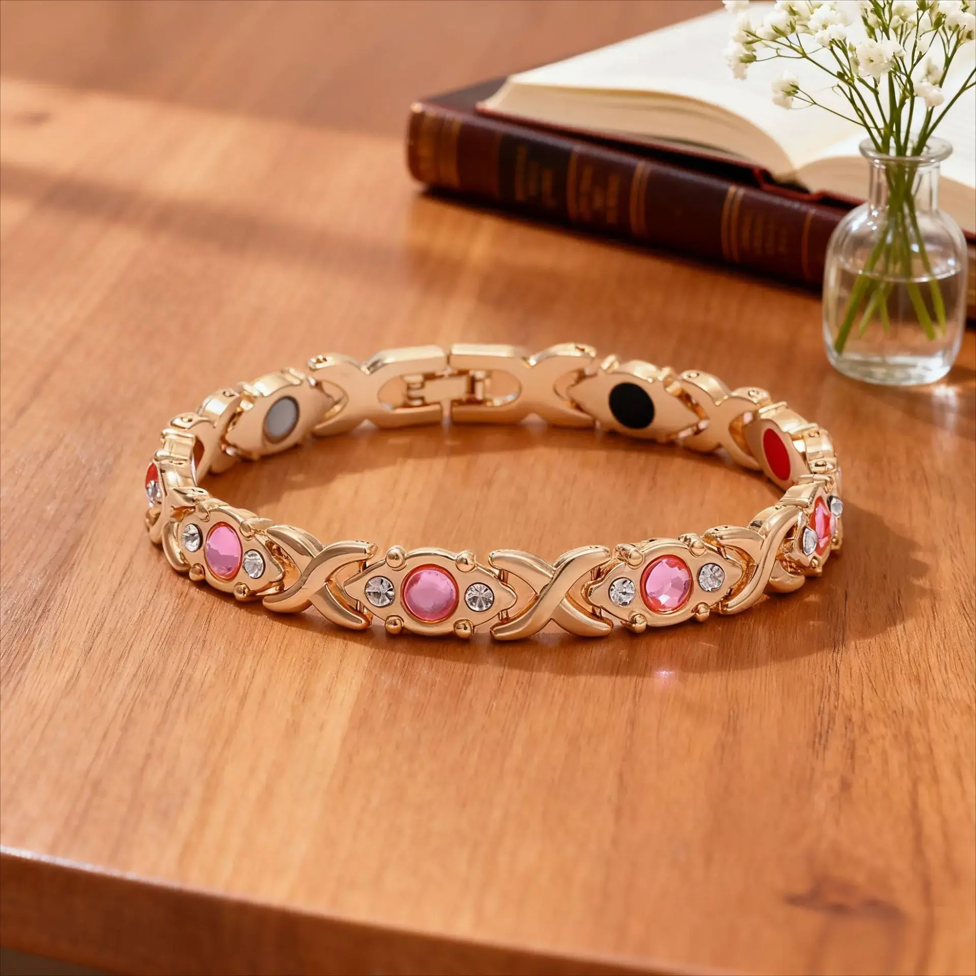Elegant Luxury X Link Bracelet - Sparkling Pink Crystal Rhinestone Embedded Chain Bangle Fashion Statement Jewelry Gift for Women