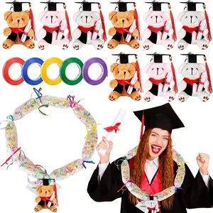 32 Pcs Graduation Candy Lei 18 Netting Tubing Including 9 Small Bear Stuffed Animals with Grad Caps 5 Rolls Ribbons for College Graduate Party Gifts