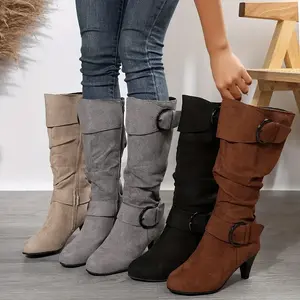 Women's Knee High Boots, Buckle Strap Side Zipper High Heeled Boots, Comfortable Suedette Long Boots
