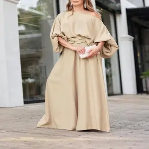 Women's Skew Neck Lantern Sleeve Top & Wide Leg Pants Set Chic Clothes