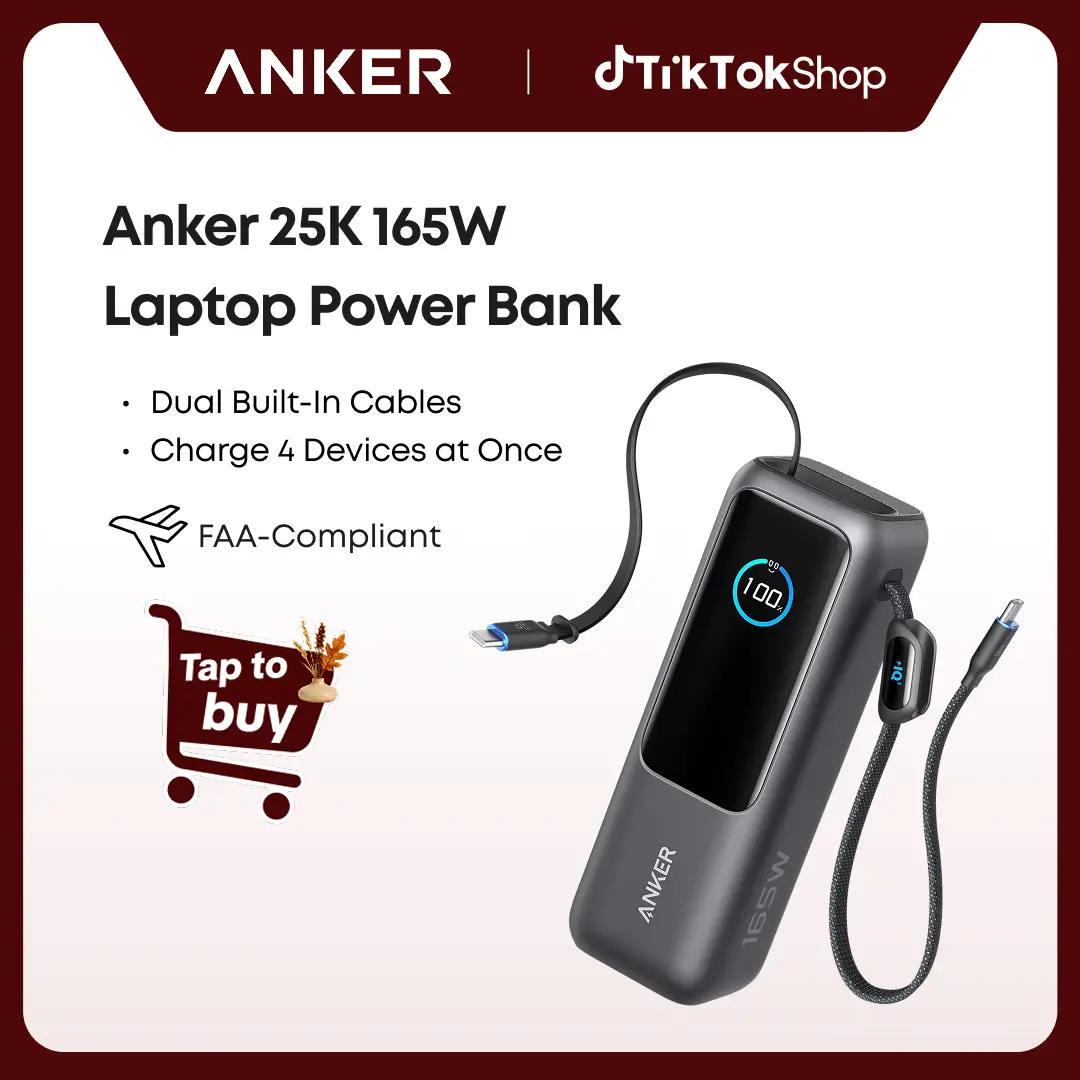 【Power Bank】Anker 165W 25,000mAh Laptop Power Bank, Portable Charger with Built-In Retractable USB-C Cable, 4-Device Fast Charging Battery Pack for Travel and Work,summerwins,FathersDayGift,#DealsForYouDays sohochic