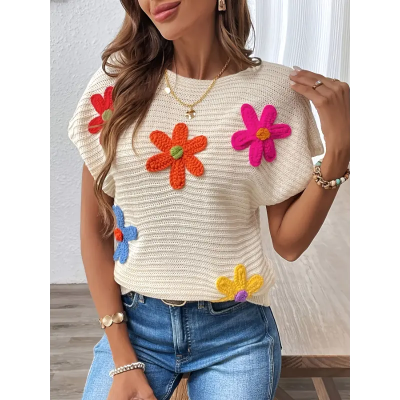 Women's Casual Floral Crochet Short Sleeve Knit Top - Loose Fit, with Colorful Flower Appliqués, Lightweight & Breathable for Spring/Summer Knitwear Womenswear Fabric Viscose Knitting Comfort Batwing Crewneck Shortsleeve