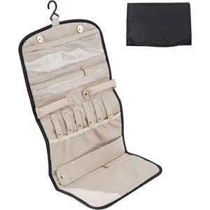 'Cleo' Travel Roll Jewellery Organizer – Portable Earrings, Necklace & Rings Pouch Protector (Black, Large)