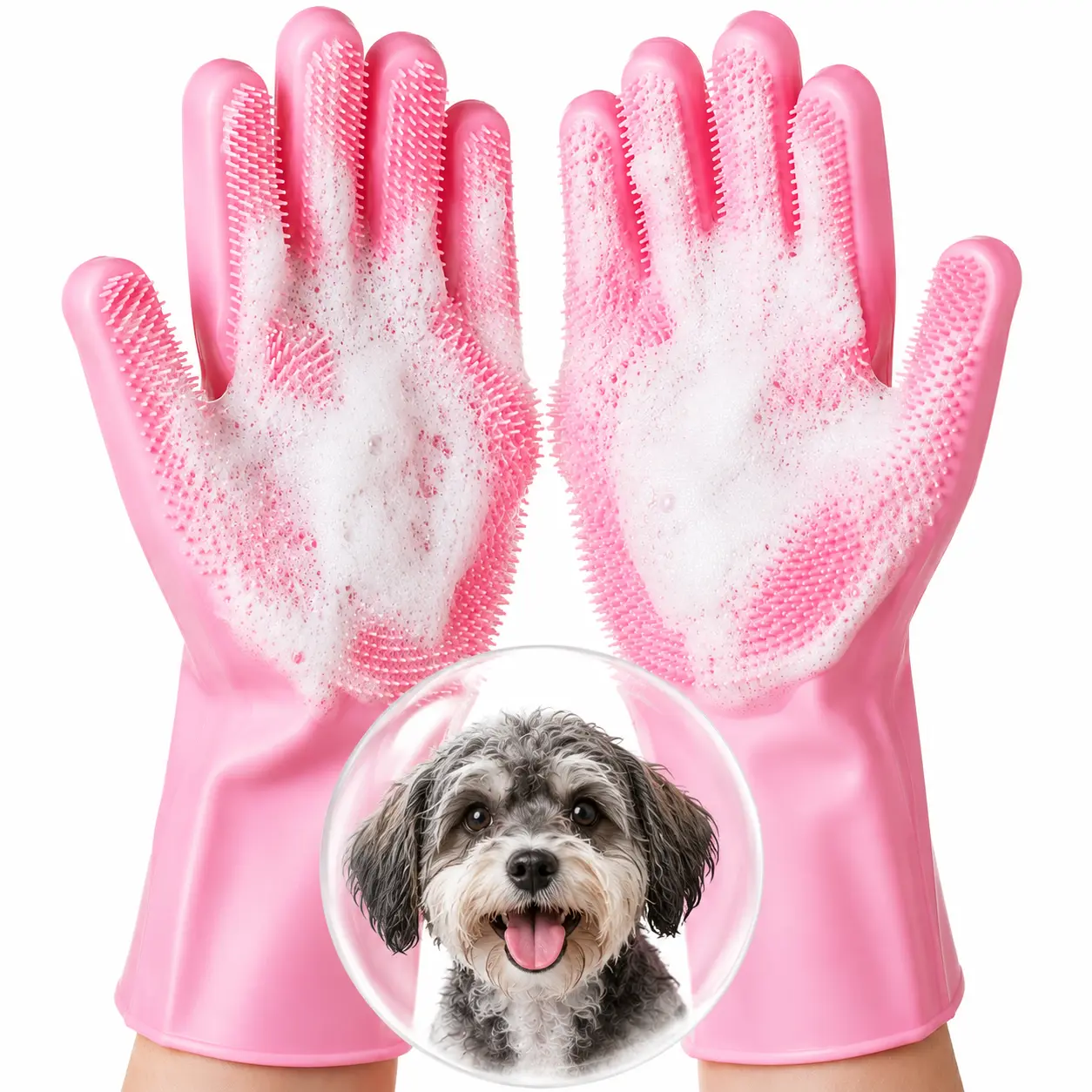 Pink Pet Grooming Gloves - 3-in-1 Multi-Use Bathing, Deshedding & Massage Tool with 3000+ Soft Bristles, Deep Cleaning Silicone, Universal Fit for Dogs & Cats