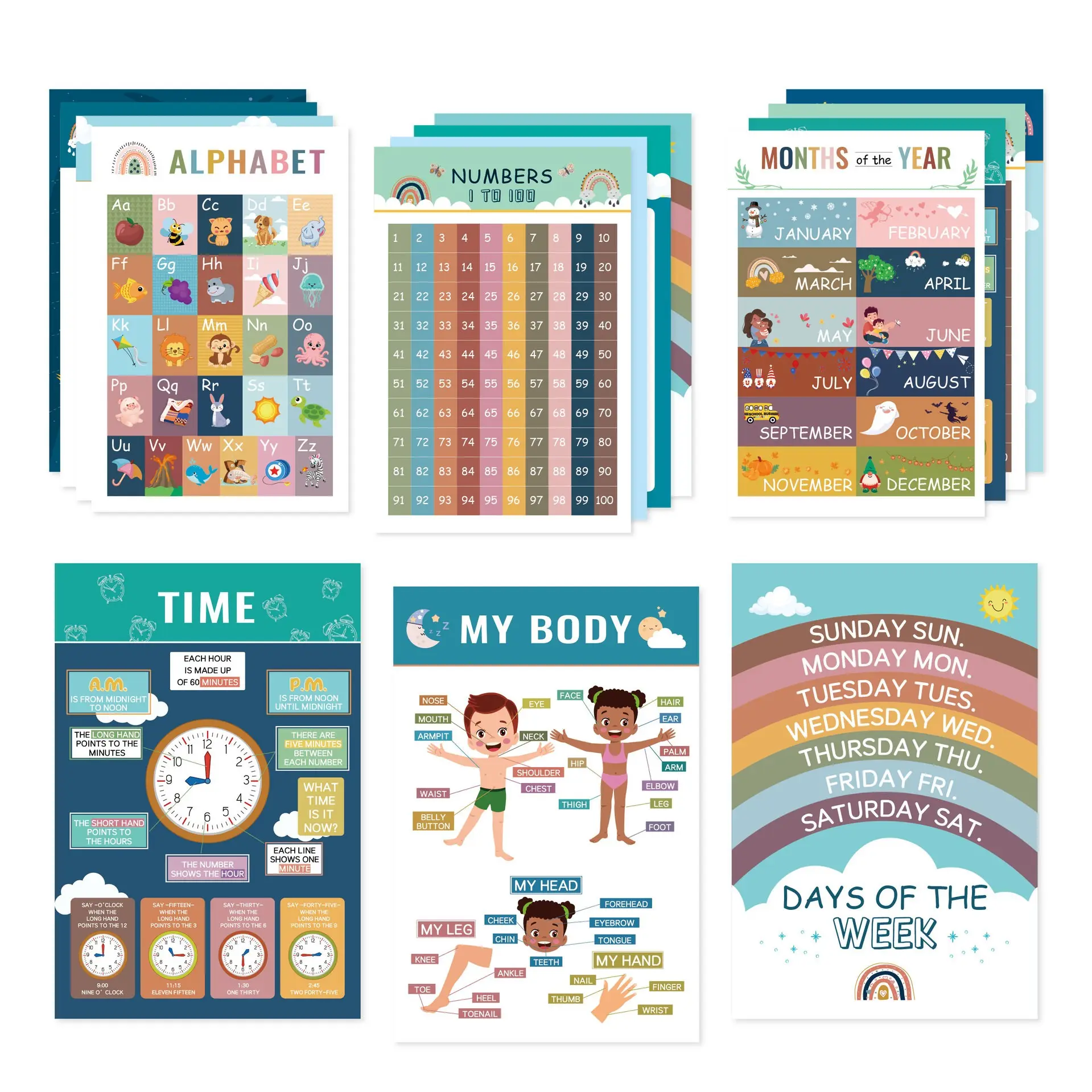 16 Modern Boho Educational Posters for Preschoolers - Laminated Pre-K and Kindergarten Learning Poster Charts for Classroom Decor for Kids' Walls Alphabet Learning Chart