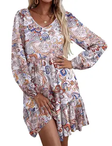Women‘s Casual Tunic Dress V Neck Tiered Dress Long Sleeve Fit Swing Shift Dress with Pockets Loose Ruffled Dresses
