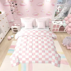 7 Pieces Pink White Grid Comforter Set,Reversible Geometric Plaid Square Bedding Set,Girls Princess Room Decor,Lattice Checkerd Bed in A Bag with Comforter,Sheets and Pillowcases