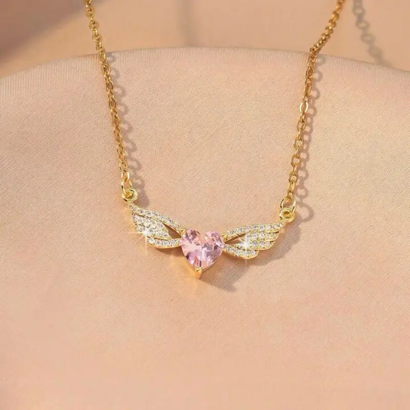Angel Necklace with Heart-Shaped Pendant and Wing Details in Gold Tone for Women