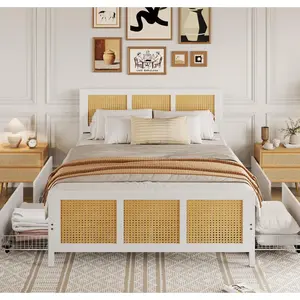 White Rattan Bed Frame with Headboard, Boho Cane Platform King Size Bed Frame with 4 Drawers, Strong Metal Slats Support, Noise Free, No Box Spring Needed
