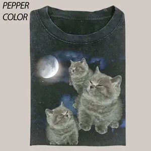 Three Cats Retro Moon Graphic T-shirts, Vintage Cat MoonMeme Tshirt, Cat Lovers, Funny Cat Tee, Washed Tee, Weird Meme T Shirt