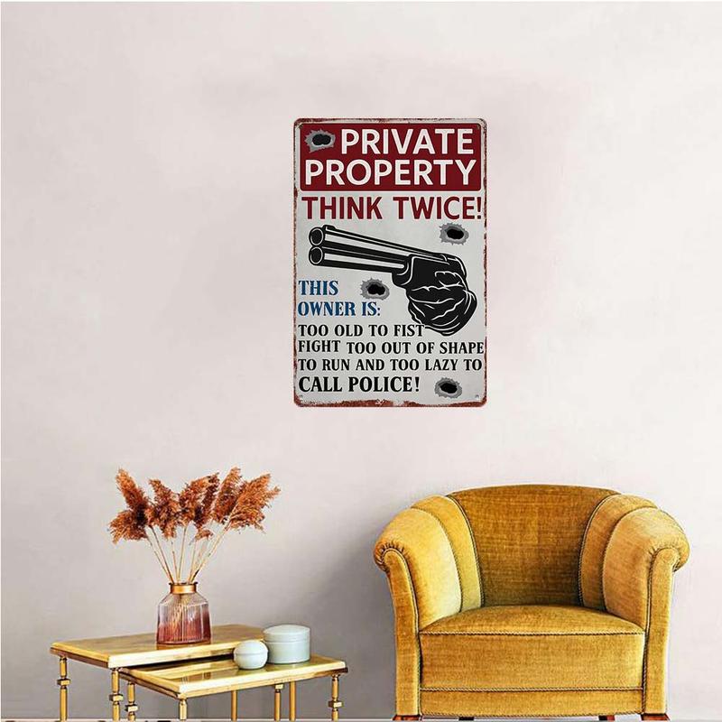 "Private Property - Think Twice!" Vintage Aluminum Metal Sign - 12x8in Funny Home Protection Wall Decor Hanging Lazy Safety Signage