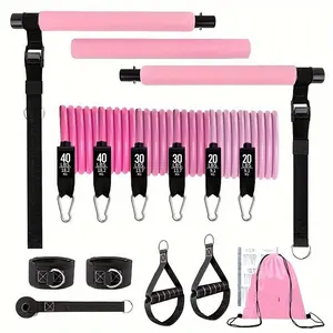A multi-functional Pilates barbell set, equipped with resistance bands and ankle straps, suitable for leg and glute training. It is 3-part adjustable and applicable for full-body workouts - pink and black fitness equipment, ideal for women, including dumb