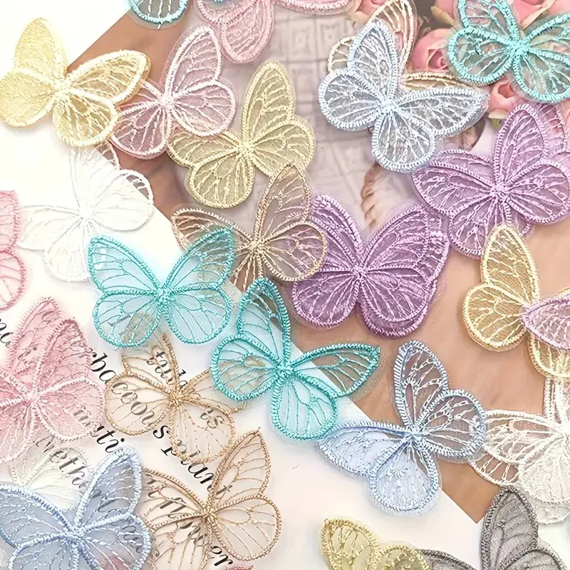 10 Pcs Random Color Embroidered Butterfly Sewing Patches, DIY Clothing Decoration, Handmade Craft Projects, Decorative Fabric Appliques, Lace Patch, Embroidery Patch