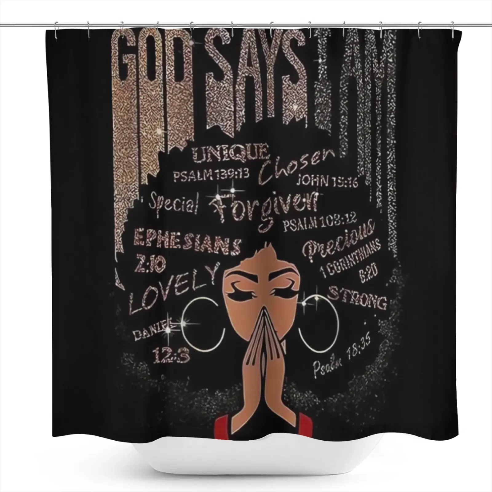 1Pc God Says I Am Praying Black Woman pattern shower curtain, waterproof polyester fabric, with 12 hooks, 71 inches wide X 71 inches high, modern art design style, bathroom decoration, suitable for all seasons