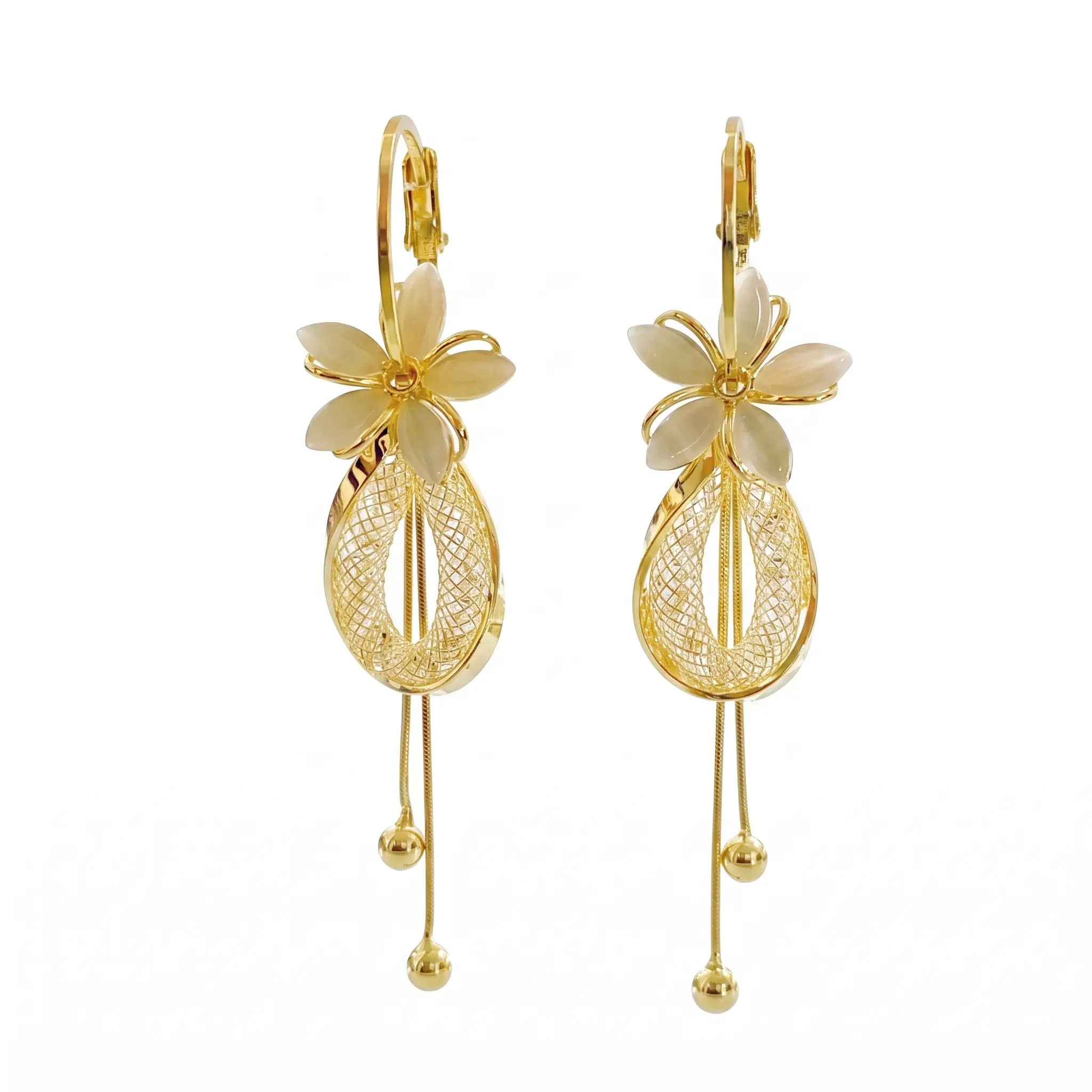 Deni Fashion Multi-Way Floral Long Tassel Earrings Cat's Eye Stone Petal Dangles Unique Design Earrings DZEH4903