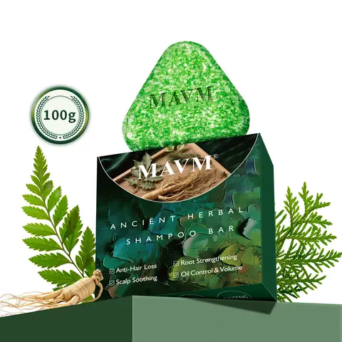 MAVM Natural Herbal Anti-Hair Loss Shampoo Bar - Gentle, Hydrating Daily Haircare Cleanser for Adults with Ginseng, Biota Leaf, Silky Protein Blend, Moisture Boost, Strengthens Roots, Reduces Fall, Promotes Wavy Hair Growth & Repair