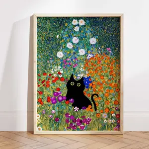 [Sale up to 50%] [Free Ship] Gustav Klimt Garden Cat Print, Klimt Flowers Cat Poster, Black Cat Art, Floral Print, Funny gift, Home decor Poster