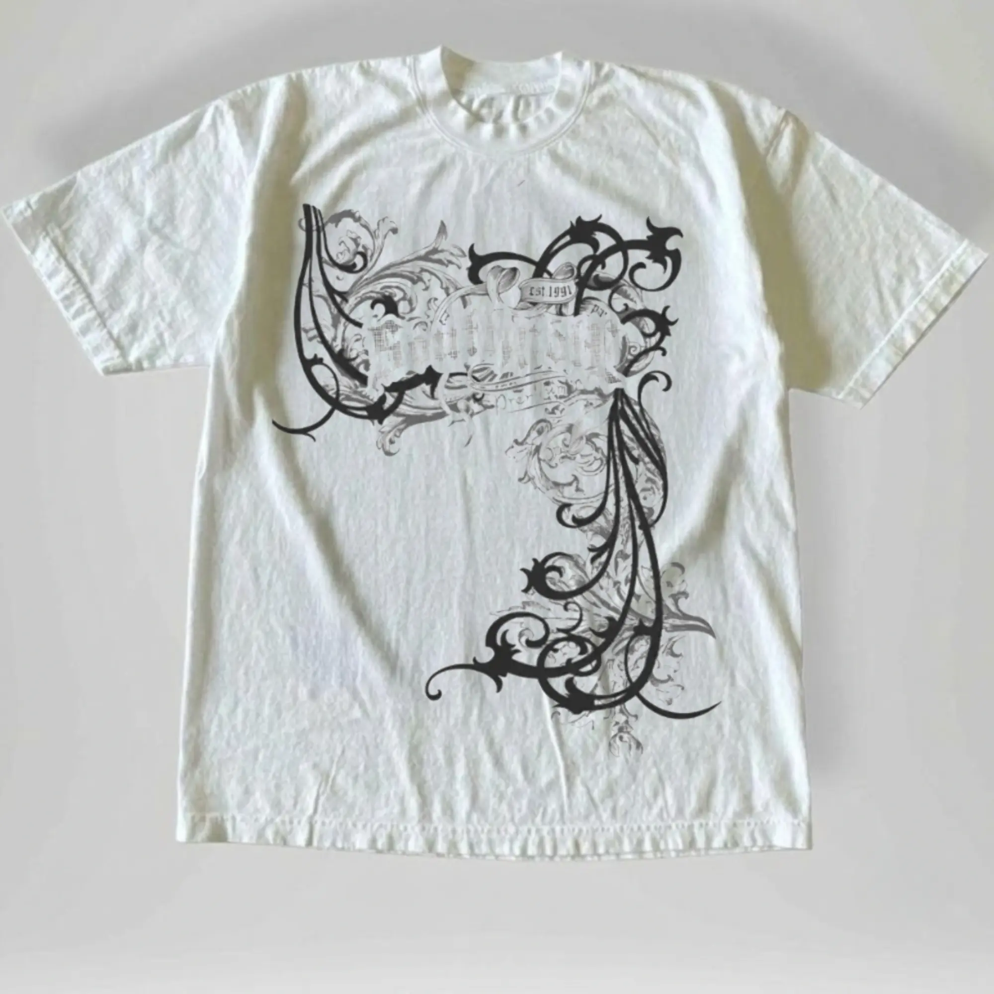 Vintage Y2K Tribal Filigree Swirl T-Shirt - Retro Gothic Floral Flourish Graphic Tee, Graphic T-Shirt 100% Cotton, Unisex Shirt Menswear Womenswear Streetwear Cotton Comfort