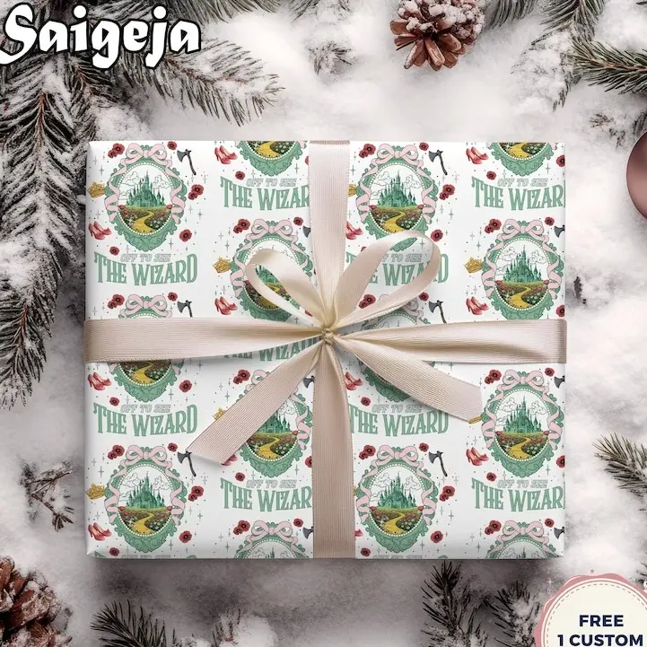 Wicked Wrapping Paper Christmas, Glinda Elphaba Witches Of Oz Pastel Pink Bows Gift Wrap, Tiara Bubbles Magic Wand Birthday Wrapping