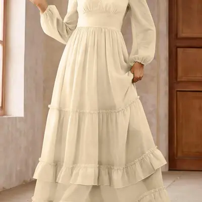 white long sleeve dress flowy Long Sleeve Boho Flowy Wedding Dress Lace A-Line V-Neck Beach Gown with Split Front and Sweep Train, Diamond White / 6 main image 1