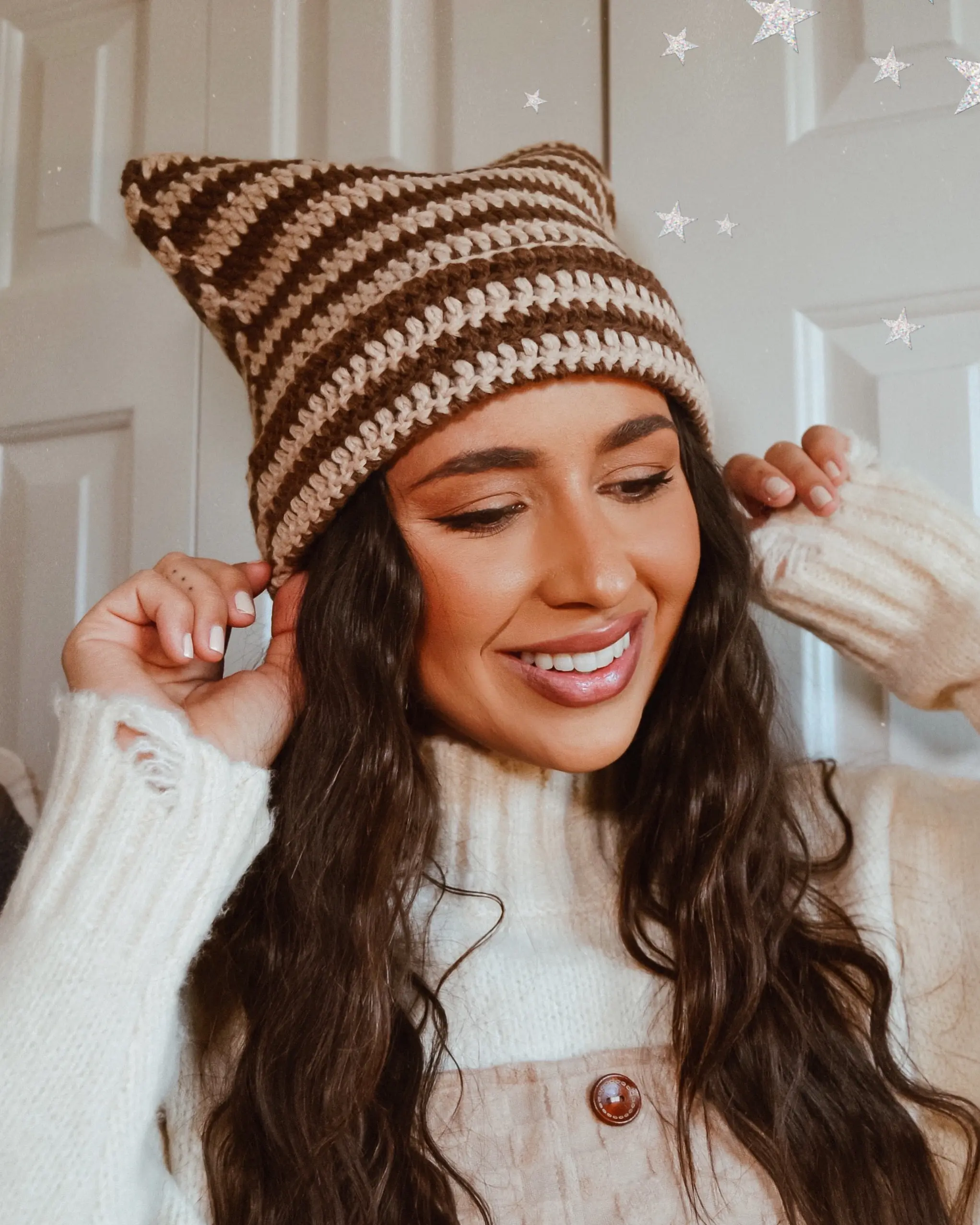 CROCHET CAT EAR BEANIE - BROWN