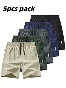 Men's Outdoor Quick-Dry Shorts, Breathable Comfort Polyester Spandex Blend with Zipper Pockets and Drawstring, Reflective Strip, Elastic Waistband, Suitable for Climbing, Tennis, Running, and Outdoor Activities, Pack of 5