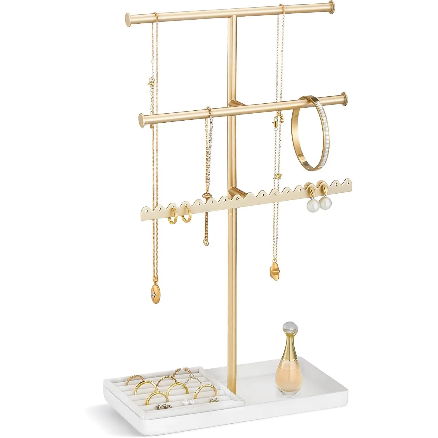 3-Tier Jewelry Organizer Stand, Metal Jewellery Holder, Dresser Display Rack for Necklace Earring Bracelets Rings, Gift for Women Girls -Gold