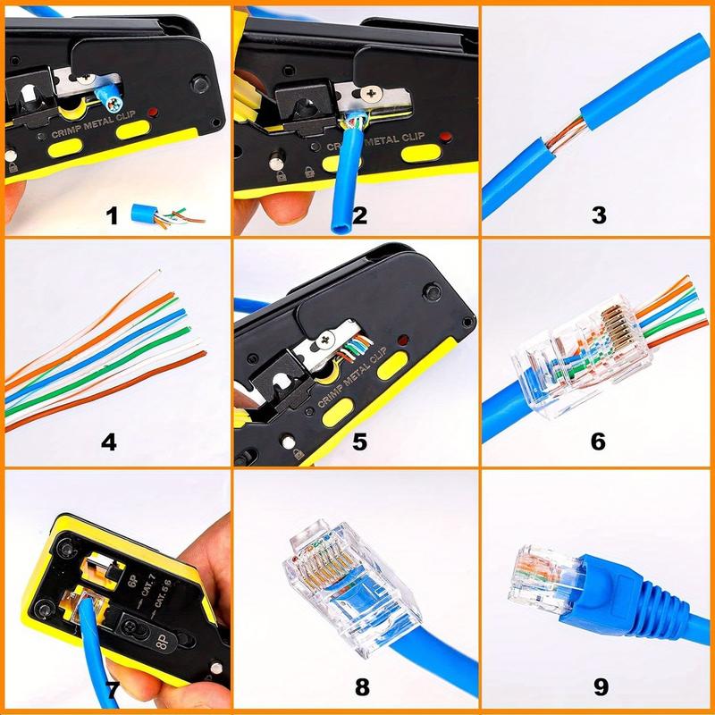 RJ45 Crimp Tool Kit All-in-One Ethernet Crimper Cat7 Cat6 Cat5 Crimping Tool with Network Cable Tester, 20pcs Cat5 RJ45 Pass Through Connector, 20pcs Connector Boots for Home Office Network Connect