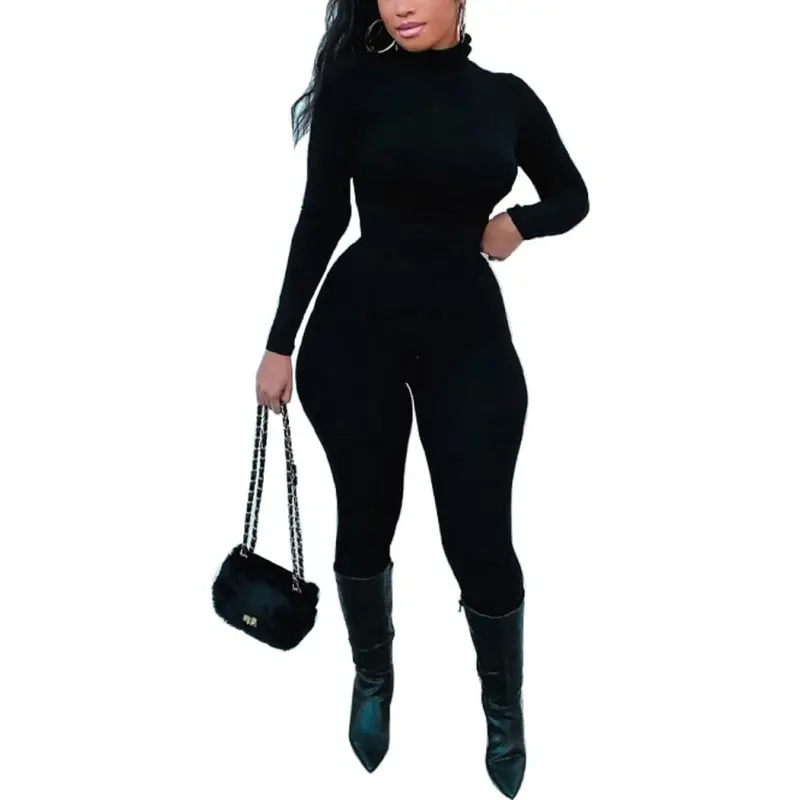 Women's Sexy Long Sleeve Turtleneck Jumpsuits Bodycon Back Zipper High Waist One Piece Casual Club Rompers
