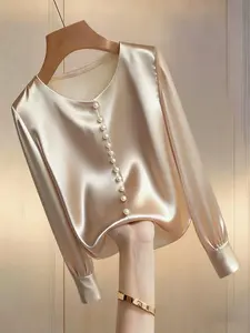 A women's casual fashion apricot round-neck long-sleeved pearl-buttoned commuter top, suitable for all seasons, ideal for home, indoor, and outdoor wear