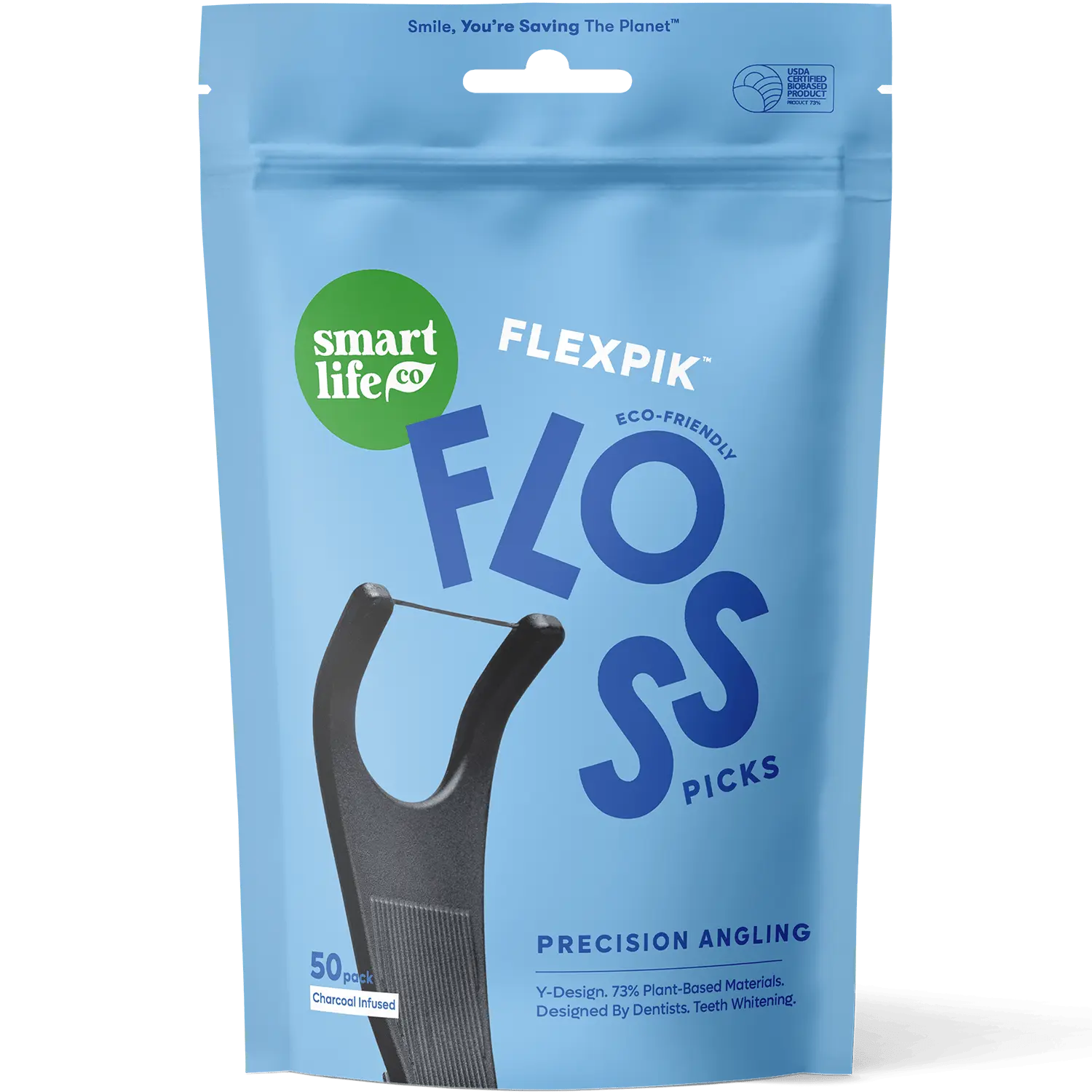 Eco-Friendly Floss Picks – Angled-Design, Anti-Shred Dental Flossers For Adults & Kids, Sustainable, Toothpick End, Vegan & PFA Free, Activated Charcoal 50pk