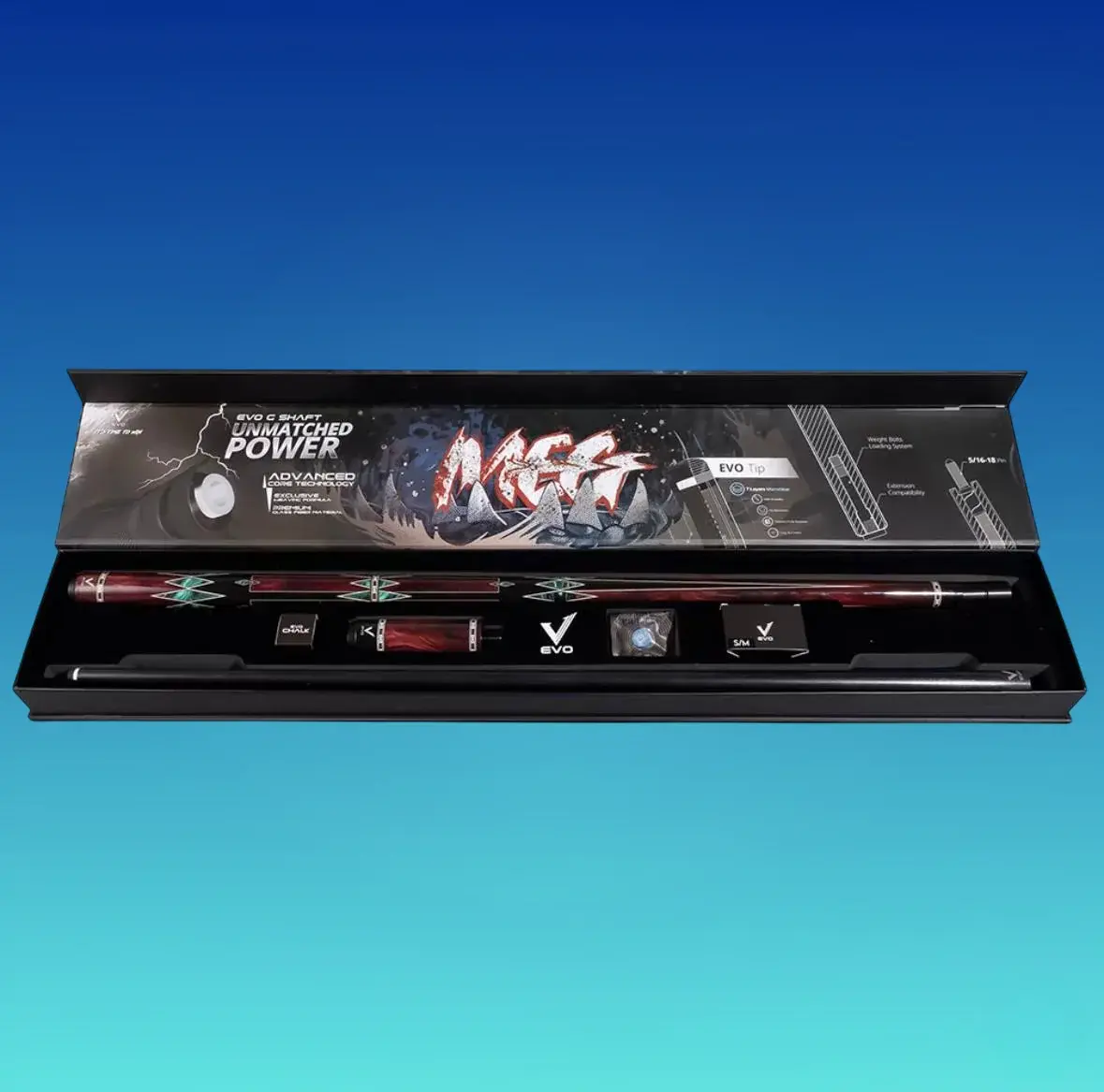 EVO MEG Maxbing Edition – Crimson Jaw | Predator-Grade Pool Cue with 29" Glassfiber Shaft, Carbon Butt, 12.5mm EVO Tip, 19-19.5oz | Complete Player Kit Included