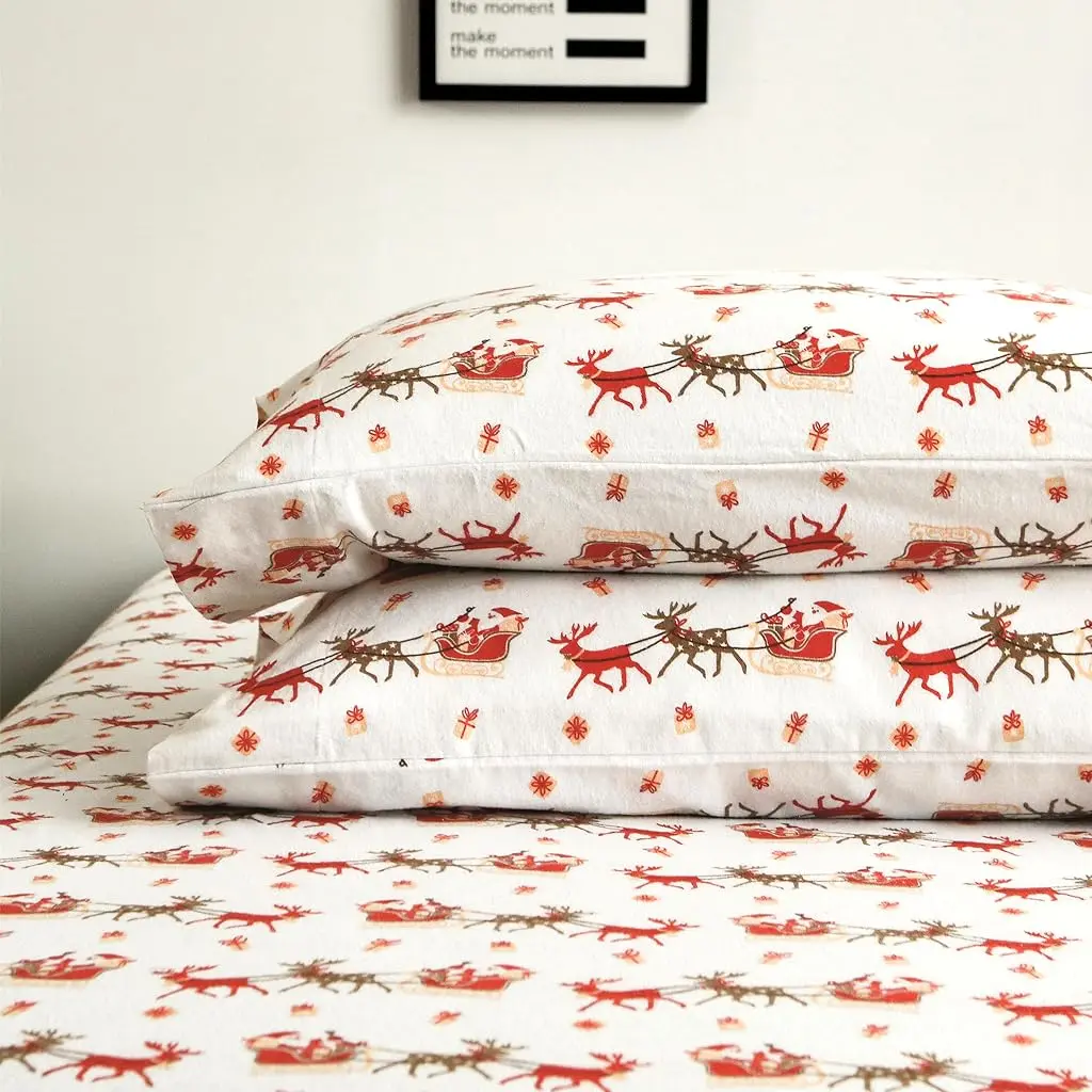 Elegant Comfort Ultra Soft 4-Piece 100% Turkish Cotton Flannel Sheet Set - Holiday Christmas Flannel Sheets, Warm and Cozy Anti-Pill Premium Quality, Deep Pocket Fitted Sheet- Twin XL, Santa Sleigh
