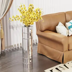 Eye-catching modern fashionable hollow design/Suitable for hotel lobby/indoor living room/corridor/29.92 inches (76 cm)-36.02 inches (91.5 cm) large floor-standing vase, silver octagonal mirror vase, MDF and glass, perfect for artificial plants and pampas