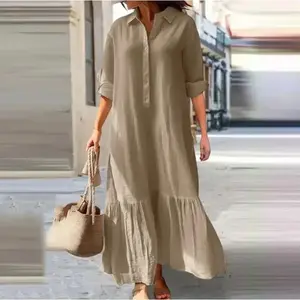 2025 Spring Women’s Cotton-Linen Shirt Dress, Black, Long, Turn-Down Collar, Loose Fit, Elegant, Trendy, Casual