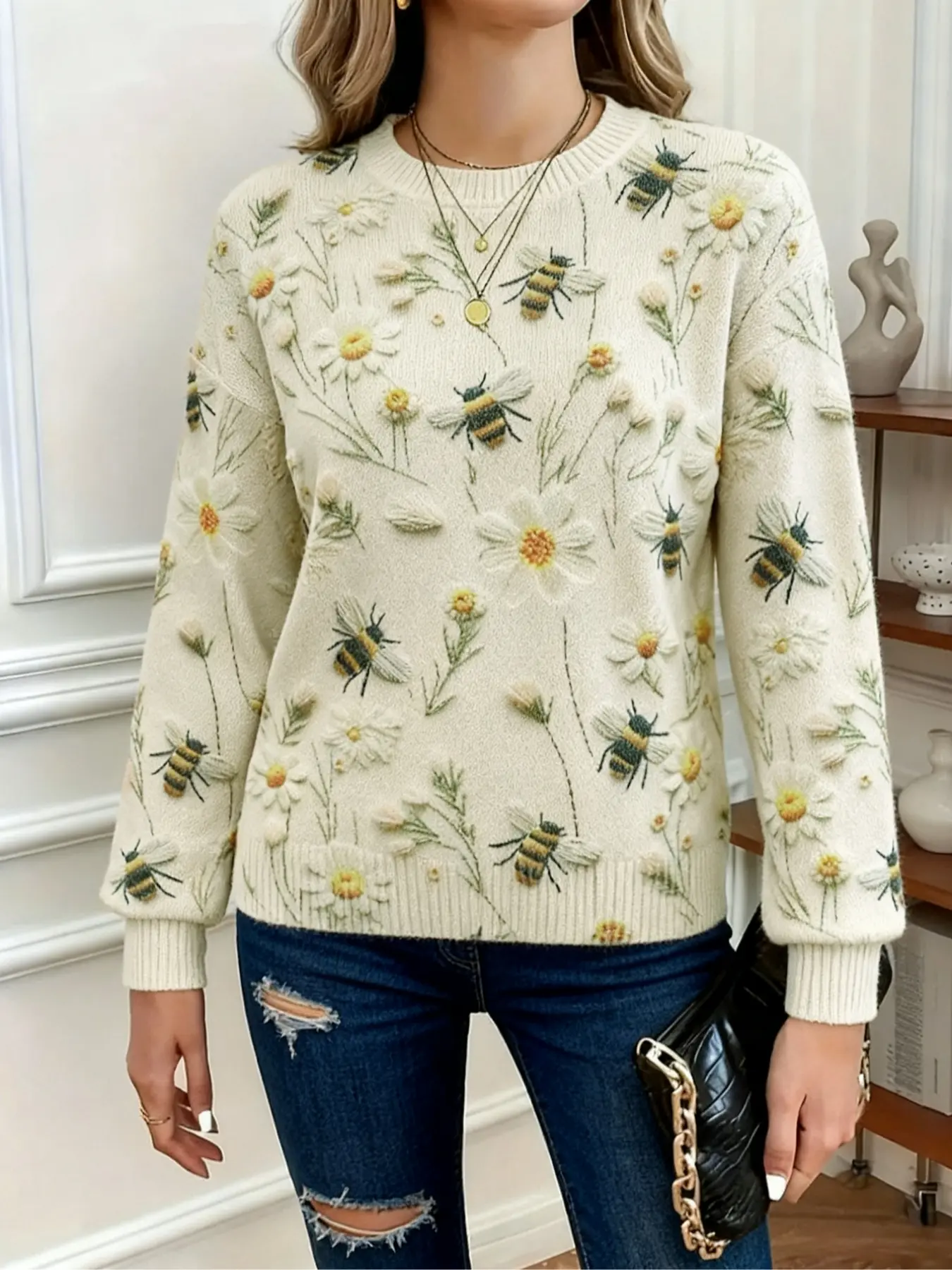 Women's Bee Daisy Embroidered Round Neck Knit Sweater Pullover Top, Perfect for Autumn Winter Parties, Casual Fashion