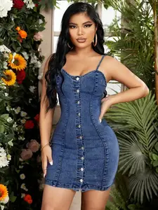 Button Up Denim Overalls Dress