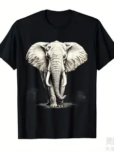 Elephant Drawing Artwork Safari Animal Print Wildlife Motif T-ShirtSame Style for Men and Women  Summer Short-sleeved Printed T-shirt Pure Cotton 220G