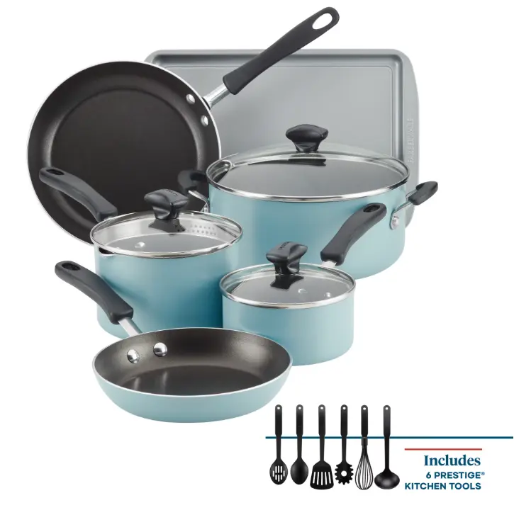 Farberware Cookstart DiamondMax Aluminum 15-Piece Nonstick Pots and Pans Set, Complete Kitchen Cookware Collection with Frying Pans, Saucepans, Stockpot, Glass Lids and Utensils for Easy Cooking, Meal Prep and Daily Home Use