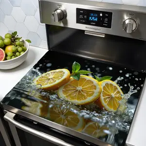 A Lemon Ripple Stove Cover - citrus design with water droplets, suitable for electric stoves, Range burner, used for cooking and kitchen decoration, kitchen stove protector, durable kitchen accessories, oven mat, absorbent mat