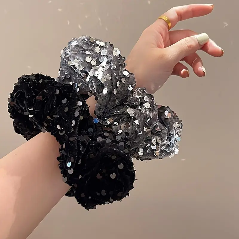 2pcs black and silver high-end sequin ponytail hair ties, large scrunchies, elastic hair bands