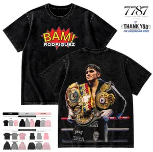 7787 Clothing Menswear Bam Rodriguez Boxing Champion Graphic Washed T-Shirt Vintage Streetwear Oversized Casual Apparel