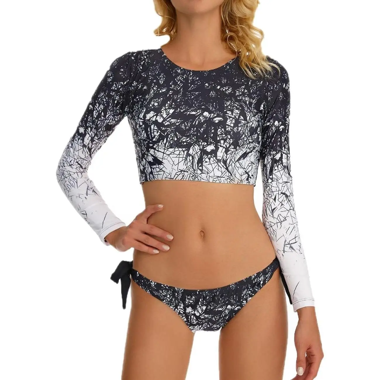 Women's Fashion Pattern Long Sleeve Rash Guard Swimsuit Sun Block Swimwear Two Piece Floral Print UV Protection Bathing Suit