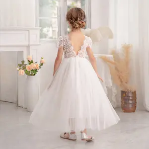 Girls Elegant Princess Dress Vintage Lace Deep V-Back Tulle Dress for 4-8Y Kids Wedding Party 24571