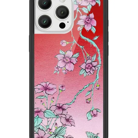 Serena Floral Limited Edition Custom iPhone Case - Durable Heavy-Duty Protection, Raised Shockproof Black Bumper, Red-Pink Ombre Flower Pattern, Women's Small Business Gift with Screen Protector