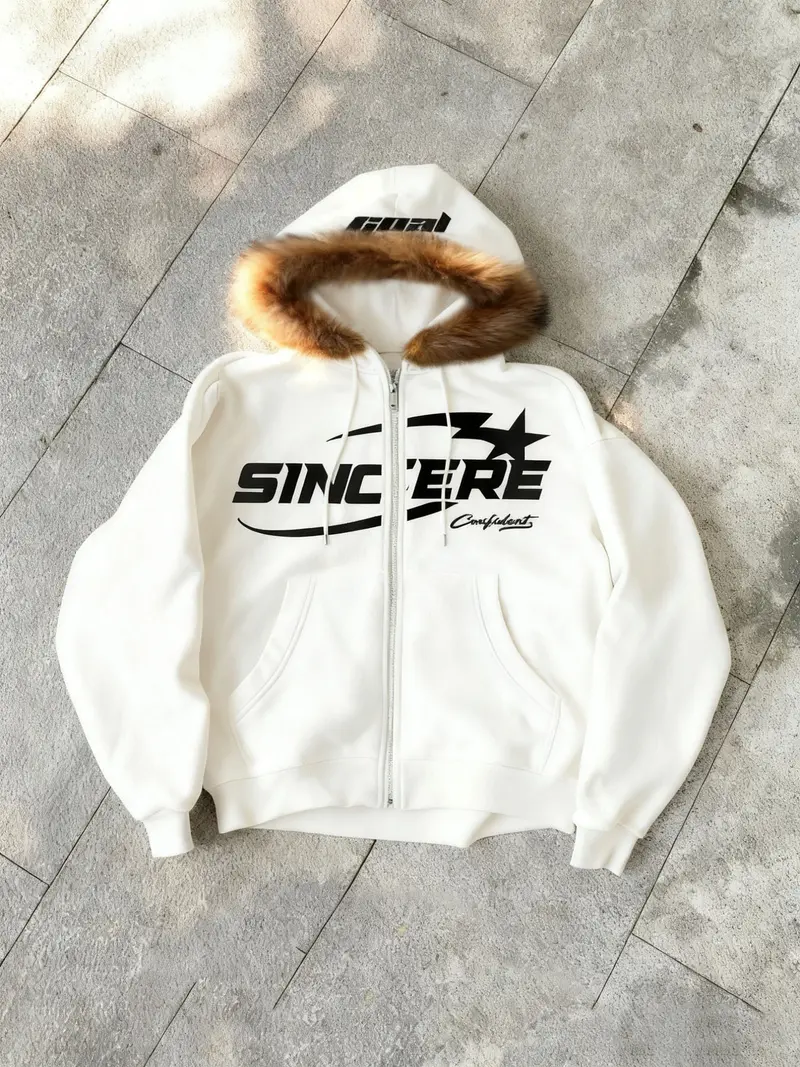 Unisex Zippered Hoodie with Faux Fur Collar, Color Block Star Print Street Style, Retro Urban Fashion for Spring & Fall